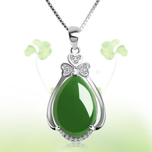 Load image into Gallery viewer, Lokaloca Natural Green Jade Chalcedony Water Drop Pendant 925 Silver Jewelry Necklace
