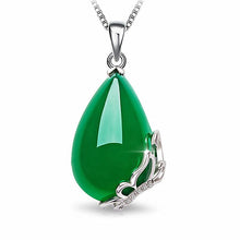 Load image into Gallery viewer, Lokaloca Natural Green Jade Chalcedony Water Drop Pendant 925 Silver Jewelry Necklace
