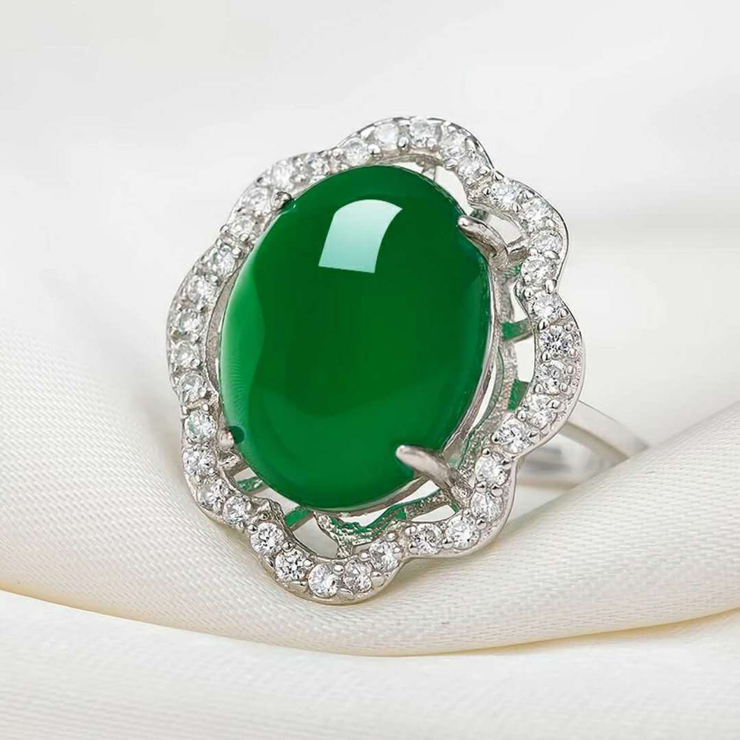 Lokaloca Natural Green Jade Chalcedony 925 Silver Ring Jewelry