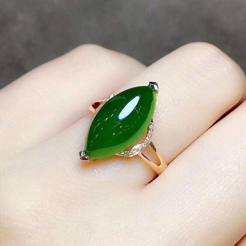 Natural Green Jade Hand Carved Water Drop Adjustable 925 Silver Ring