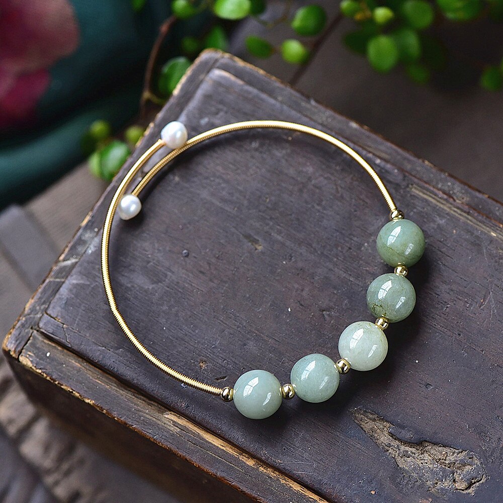 Lokaloca Handcrafted Natural Green Jade Beads Bangle Bracelet