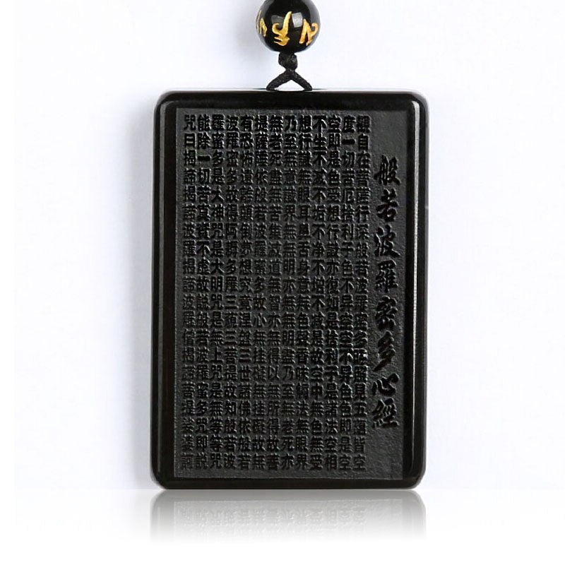 Handcrafted Natural Black Obsidian Bhagavati Prajnaparamitahrdaya Pendant Necklace