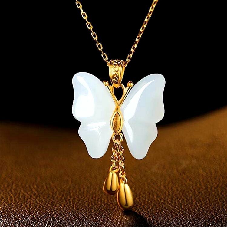 Lokaloca Natural Green Jade Butterfly Pendant Necklace 925 Silver Jewelry