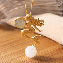 Load image into Gallery viewer, Natural Fine Jade Mermaid Pendant Necklace Vintage Style Retro Unique Craft Charm Women Silver Jewelry
