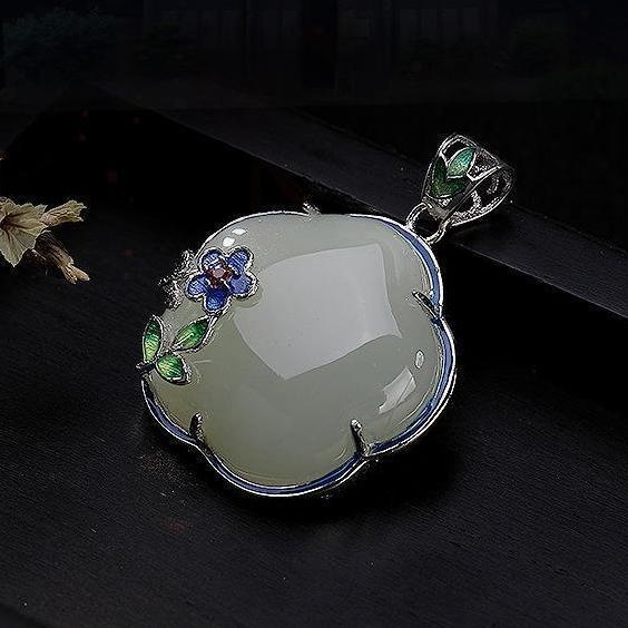 Natural Fine White Jade Plum Blossom Enamel Porcelain Pendant Necklace Vintage Retro Charm Women's Silver Jewelry