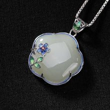 Load image into Gallery viewer, Natural Fine White Jade Plum Blossom Enamel Porcelain Pendant Necklace Vintage Retro Charm Women&#39;s Silver Jewelry
