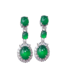 Load image into Gallery viewer, Lokaloca Natural Green Chalcedony Jade Oval Zircon Long Jewelry Earrings
