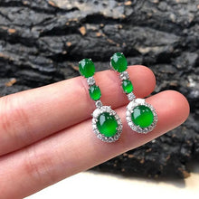 Load image into Gallery viewer, Lokaloca Natural Green Chalcedony Jade Oval Zircon Long Jewelry Earrings
