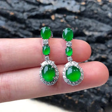 Load image into Gallery viewer, Lokaloca Natural Green Chalcedony Jade Oval Zircon Long Jewelry Earrings
