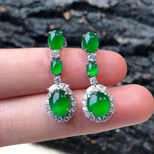 Load image into Gallery viewer, Lokaloca Natural Green Chalcedony Jade Oval Zircon Long Jewelry Earrings
