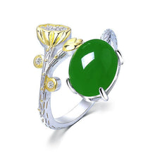 Load image into Gallery viewer, Natural Fine Jade Jasper Lotus Oval Opening Adjustable Ring Vintage Retro Luxury Charm Women&#39;s Silver Jewelry
