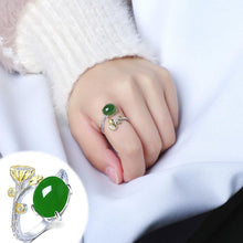 Load image into Gallery viewer, Natural Fine Jade Jasper Lotus Oval Opening Adjustable Ring Vintage Retro Luxury Charm Women&#39;s Silver Jewelry
