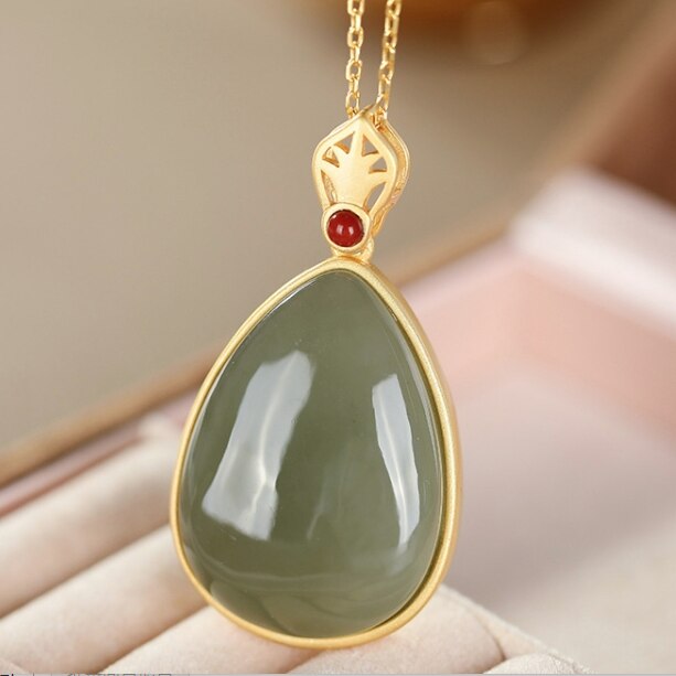 Lokaloca Natural Jade Jasper Water Drop Shaped Pendant Necklace