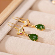 Load image into Gallery viewer, Lokaloca Natural Jade Water Drop Fox Earrings
