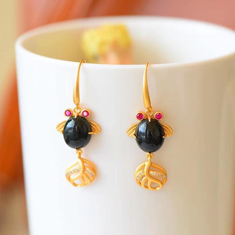 Natural Fine Jade Vintage Cute Fish Earrings Vintage Retro Luxury Charm Women's Brand Jewelry