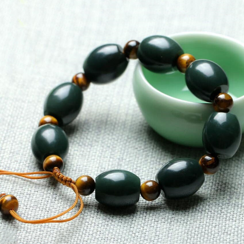 Lokaloca Handcrafted Natural Dark Green Hetian Jade Beaded Bracelet