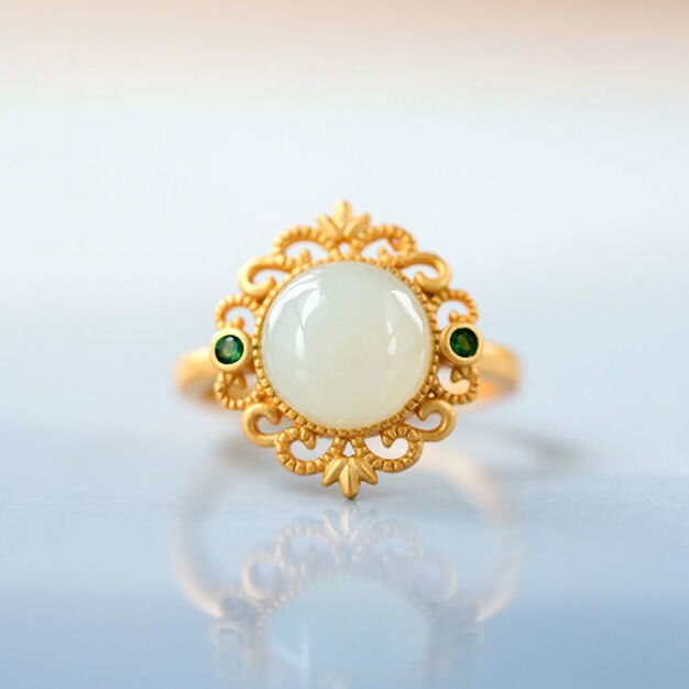 Natural Fine Jade Opening Adjustable Ring Vintage Retro Style Luxury Aristocratic Charm Women's Silver Jewelry