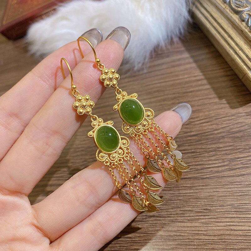 Lokaloca Natural Fine Jade Tassel Feather Earrings