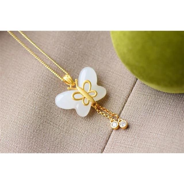 Natural Fine White Jade Butterfly Tassel Pendant Necklace Vintage Style Retro Light Luxury Craft Charm Women's Silver Jewelry