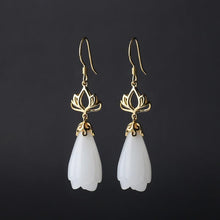 Load image into Gallery viewer, Natural Fine White Jade Earrings Vintage Retro Lotus Unique Craft Charm Women&#39;s Brand Silver Jewelry
