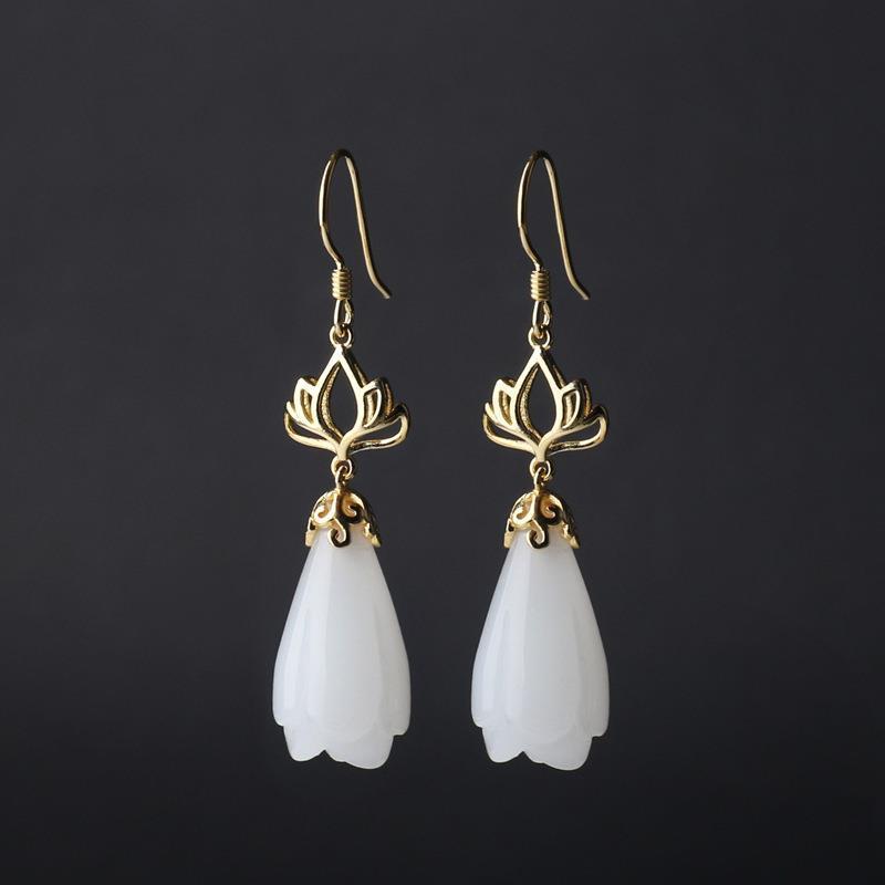 Natural Fine White Jade Earrings Vintage Retro Lotus Unique Craft Charm Women's Brand Silver Jewelry