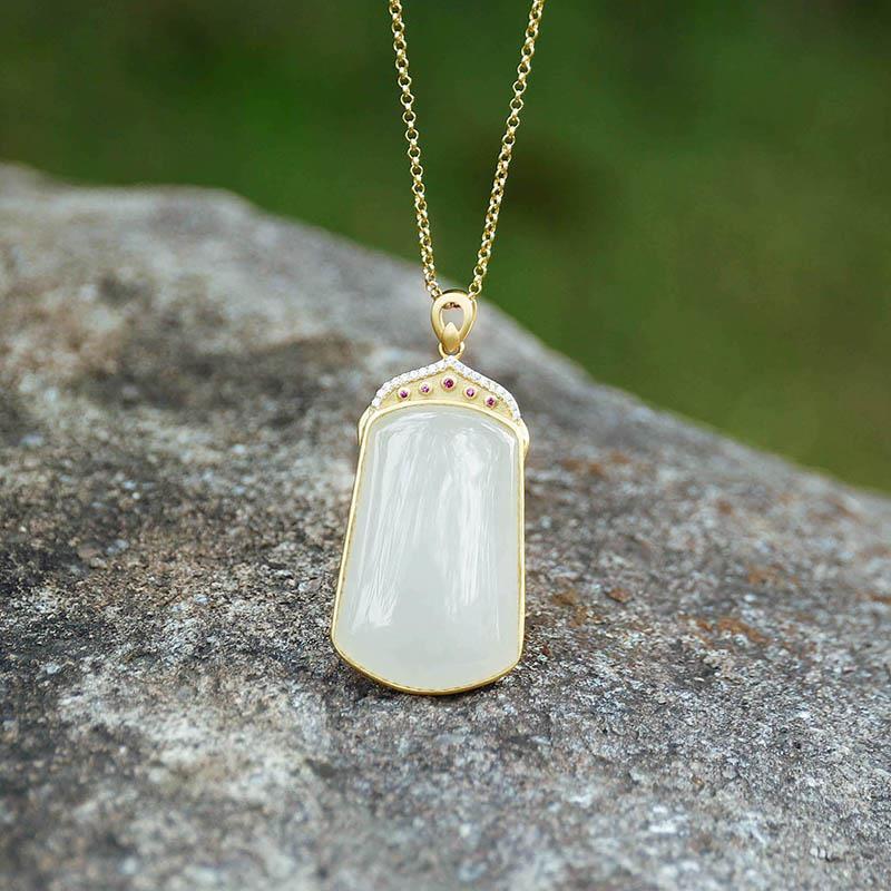 Natural Fine White Jade Pendant Necklace Vintage Style Retro Luxury Craft Charm Women's Silver Jewelry