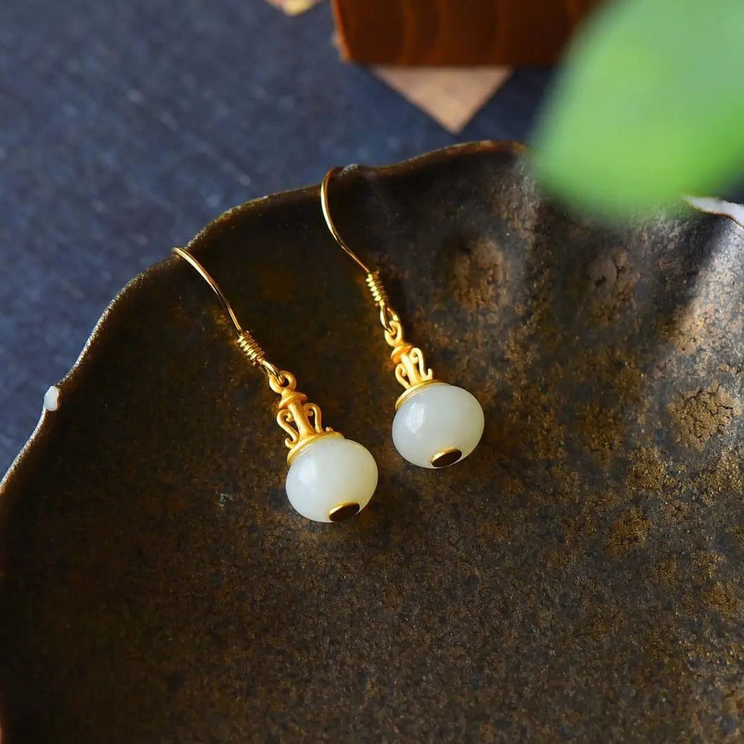 Natural Fine White Jade Earrings Vintage Retro Style Exquisite Charm Women's Silver Jewelry