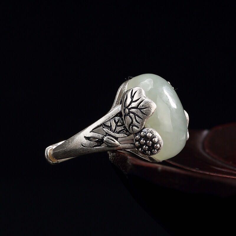 Natural Fine White Jade Lotus Open Adjustable Ring Vintage Retro Luxury Elegant Charm Lady Silver Jewelry