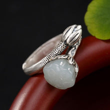 Load image into Gallery viewer, Natural Fine White Jade Lotus Open Ring Vintage Retro Luxury Original Designer Craft Charm Women&#39;s Silver Jewelry
