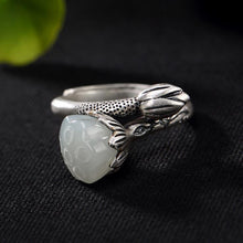 Load image into Gallery viewer, Natural Fine White Jade Lotus Open Ring Vintage Retro Luxury Original Designer Craft Charm Women&#39;s Silver Jewelry
