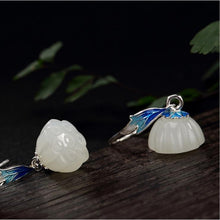 Load image into Gallery viewer, Natural Fine White Jade Lotus Cloisonne Enamel Porcelain Earrings Vintage Retro Elegant Charm Women&#39;s Silver Jewelry
