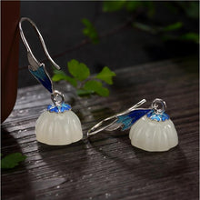 Load image into Gallery viewer, Natural Fine White Jade Lotus Cloisonne Enamel Porcelain Earrings Vintage Retro Elegant Charm Women&#39;s Silver Jewelry
