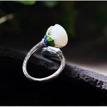 Load image into Gallery viewer, Natural Fine White Jade Lotus Opening Ring Vintage Style Retro Unique Craft Elegant Charm Women&#39;s Jewelry
