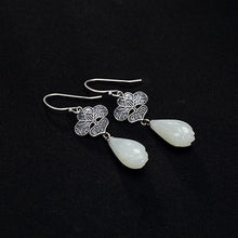 Load image into Gallery viewer, Natural Fine White Jade Flower Earrings Vintage Style Retro Elegant Craft Charm Women&#39;s Silver Jewelry
