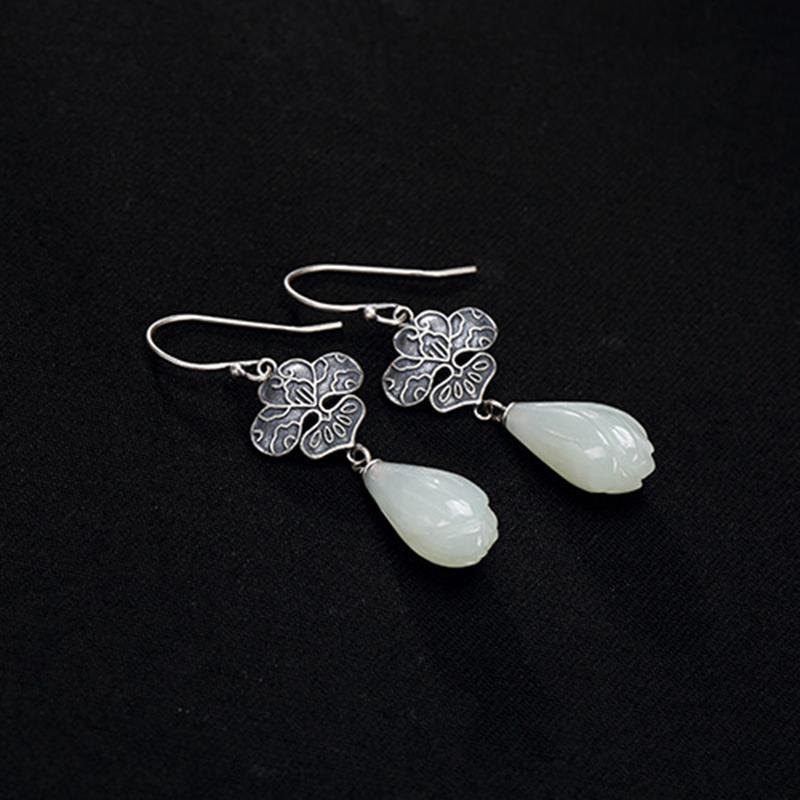 Natural Fine White Jade Flower Earrings Vintage Style Retro Elegant Craft Charm Women's Silver Jewelry