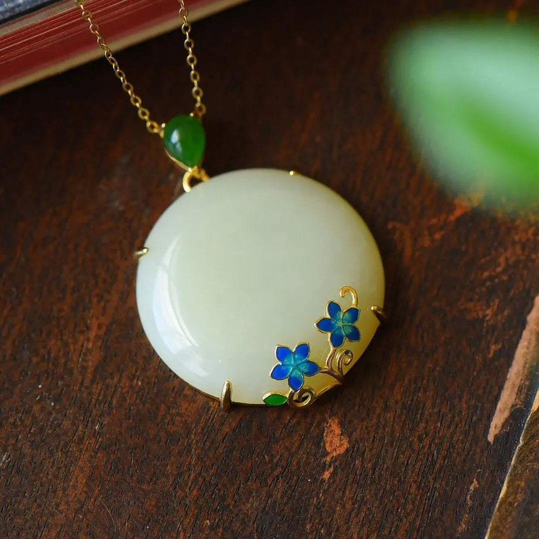 Natural Fine White Jade Peony Flower Pendant Necklace Vintage Retro Ethnic Charm Women's Silver Jewelry