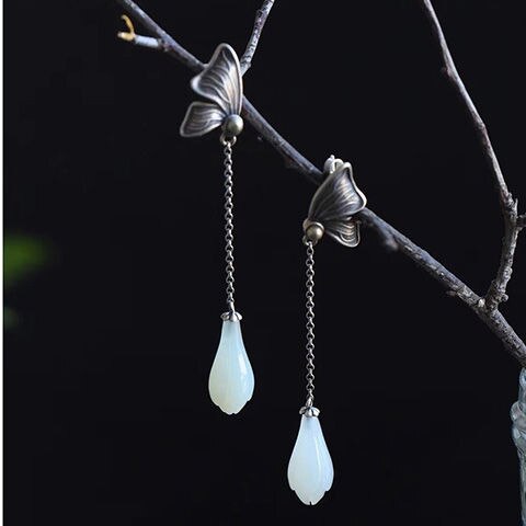 Natural Fine White Jade Flower Butterfly Tassel Earrings Vintage Style Retro Light Luxury Charm Women's Silver Jewelry