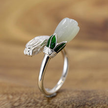 Load image into Gallery viewer, Natural Fine White Jade Magnolia Flower Opening Adjustable Ring Vintage Retro Luxury Charm Women&#39;s Silver Jewelry
