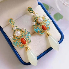 Load image into Gallery viewer, Natural Fine White Jade Magnolia Enamel Porcelain Earrings Vintage Retro Luxury Elegant Charm Women&#39;s Silver Jewelry
