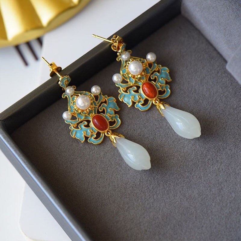 Natural Fine White Jade Magnolia Enamel Porcelain Earrings Vintage Retro Luxury Elegant Charm Women's Silver Jewelry