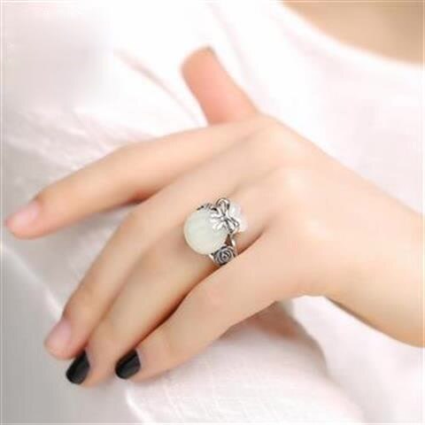 Natural Fine Jade Magic Lucky Bag Creative Craft Opening Adjustable Silver Ring Vintage Retro Charm Women's Silver Jewelry