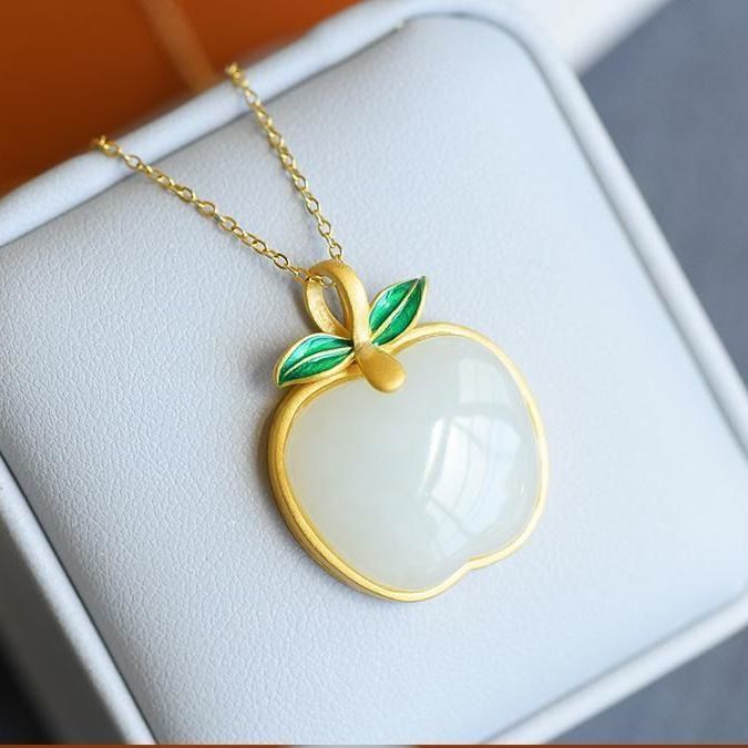 Lokaloca Natural Fine White Jade Apple Shaped Pendant Necklace