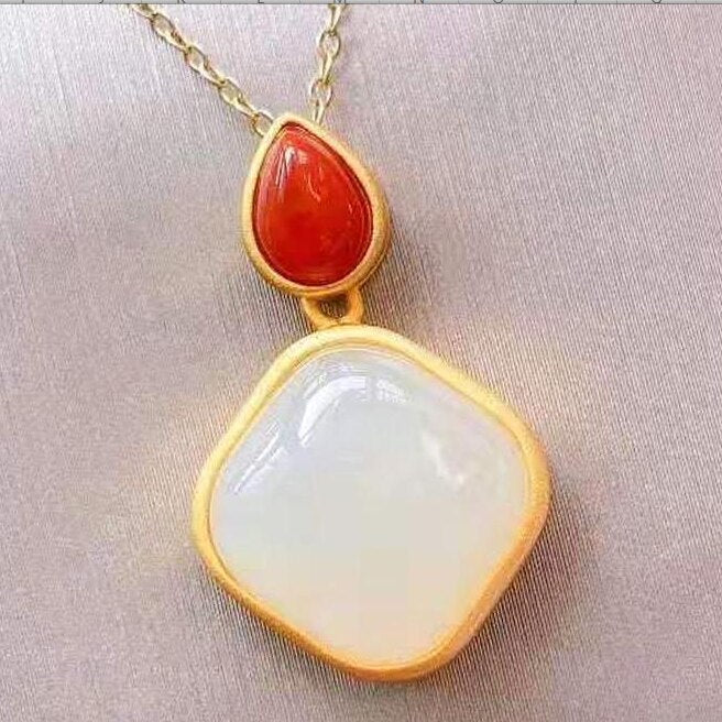 Natural Fine White Jade Chalcedony Southern Red Agate Pendant Necklace Vintage Style Retro Unique Craft Jewelry