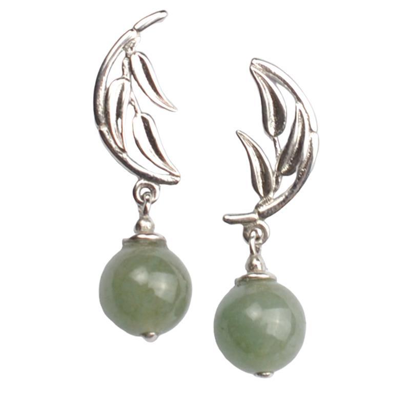 Natural Fine Green JadeThai Silver Earrings Vintage Retro Romantic Charm Women Jewelry