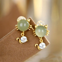 Load image into Gallery viewer, Natural Fine Jade Cat Earrings Vintage Style Retro Lovely Creative Unique Craft Romantic Elegant Charm Silver Jewelry
