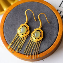 Load image into Gallery viewer, Natural Fine Jade Jasper Tassel Earrings Vintage Retro Unique Ancient Golden Craft Charm Female Silver Jewelry
