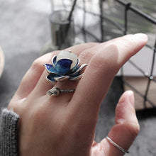 Load image into Gallery viewer, Natural Fine White Jade Enamel Porcelain Lotus Open Ring Vintage Retro Style Original Design Silver Jewelry
