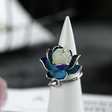 Load image into Gallery viewer, Natural Fine White Jade Enamel Porcelain Lotus Open Ring Vintage Retro Style Original Design Silver Jewelry
