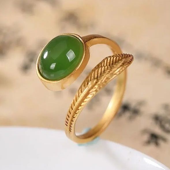 Lokaloca Natural Jade Feather Resizable Ring