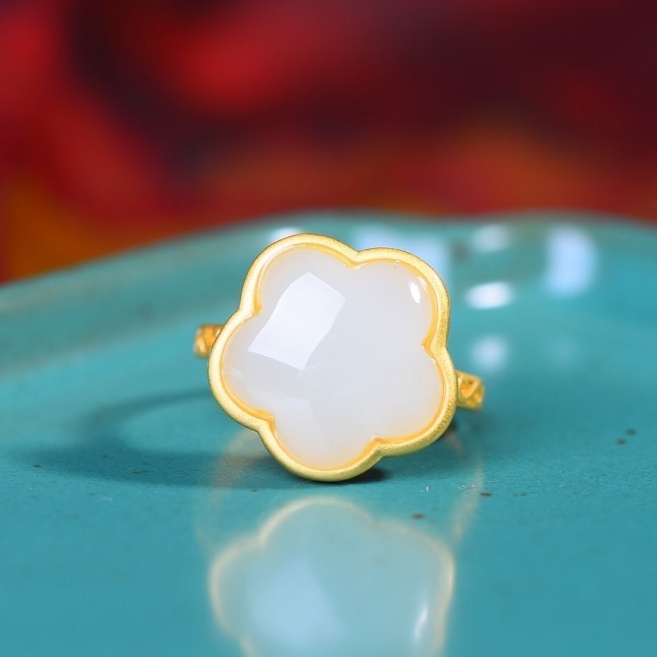 Natural Fine White Jade Flower Opening Adjustable Ring Vintage Retro Design Elegant Women's Silver Jewelry